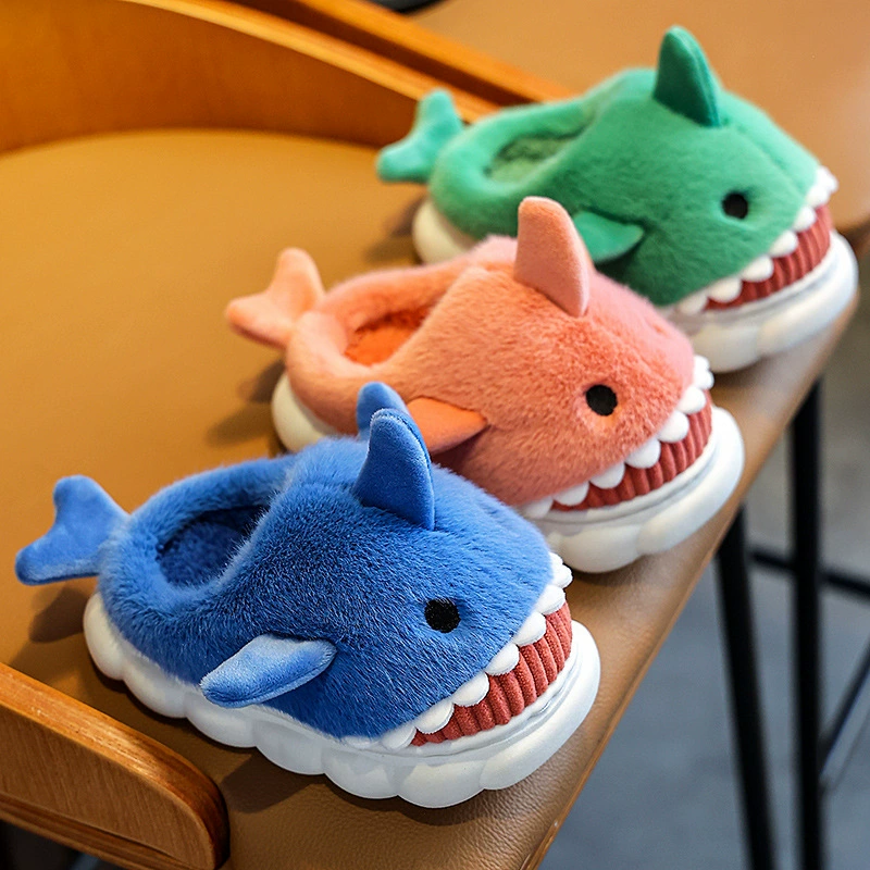 Children's winter slippers for men and women, cartoon cute keep warm plush shark, increased thickness, wholesale