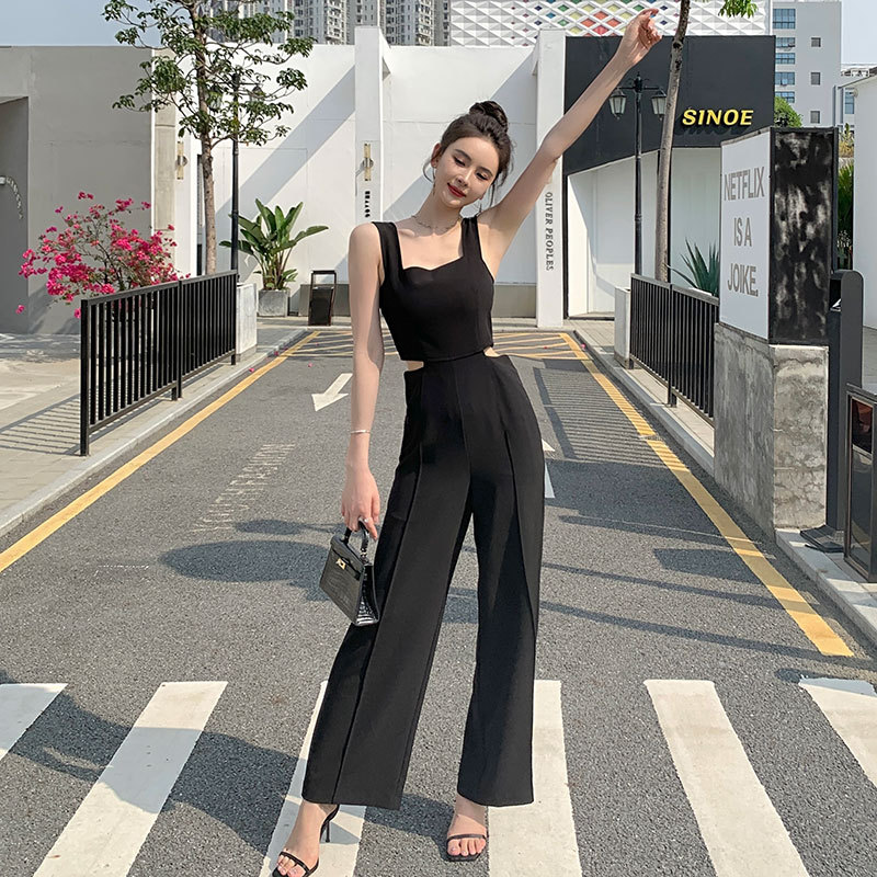 Hollow-out cintura Honda de una pieza de las mujeres 2023 Nuevo diseño de cintura alta suelta sentido suspender pantalones de pierna ancha mono