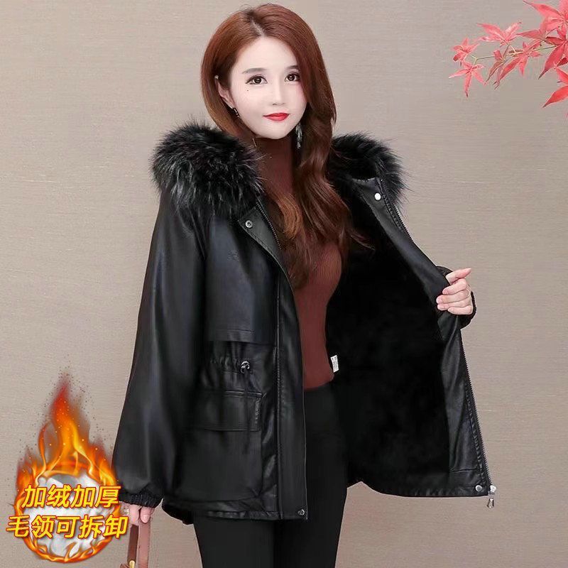 Mid-Length Velvet Thickeneded Leather Jacket for Women 2025 Autumn and Winter New Korean Style Pu Leather Fur One-Piece Jacket