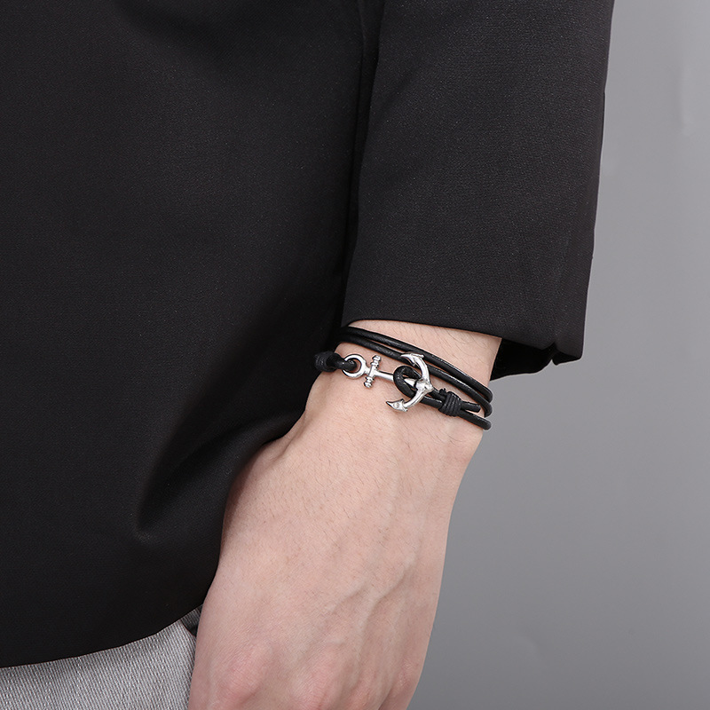 Daily, Street Occasion Punk Simple Style Anchor Stainless Steel Cowhide Plating Men's Bracelets Men Cord & Leather Bracelets