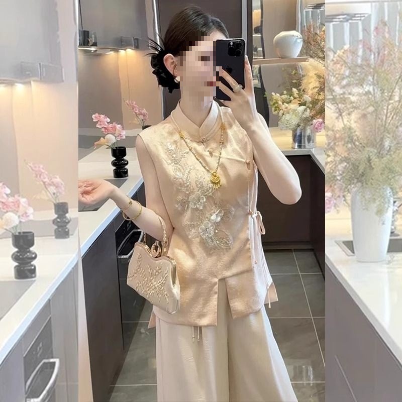 夏季洋气一整套女新中式改良旗袍无袖上衣阔腿裤子感时尚套装|undefined