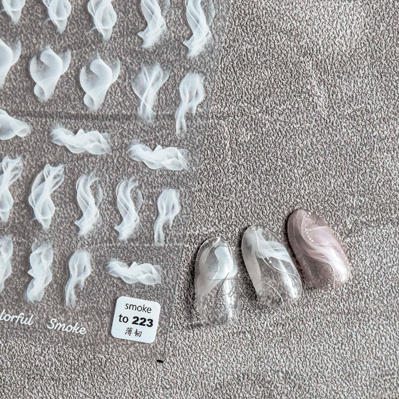 Internet celebridad estilo uñas pegatinas francés gradiente esponja semitransparente a cuadros cinta de humo Flor de uñas pegatinas ultrafinas