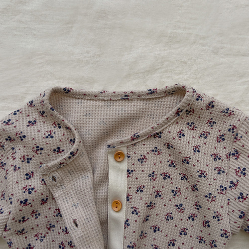Spring style baby waffle floral jumpsuit newborn clothes autumn baby open chest buckle long bag farts rompers