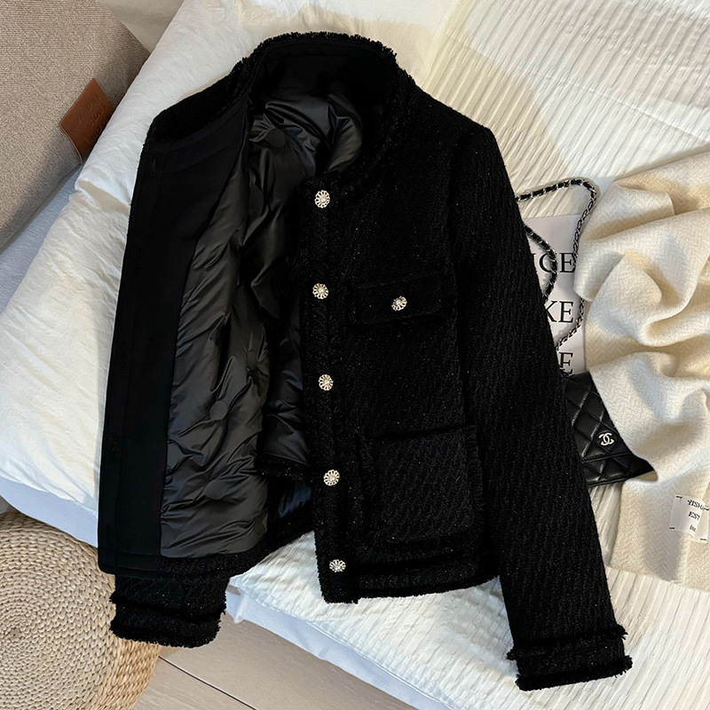 90% White Duck down Black Elegant Tweed Style down Jacket with Tweed Lining, Short Coat for Women, New Winter 2025 Collection