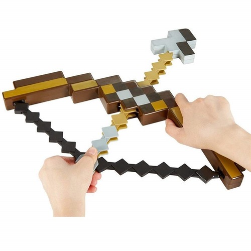 Minecraft toy model can shoot bows and arrows. Weapons can shoot brown and purple enchanted bows.