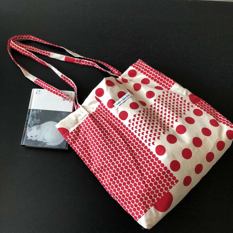 Korean style cloth bag spring and summer versatile niche cute red polka dot shoulder bag thin lightweight canvas bag student schoolbag