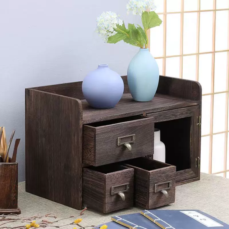 复古实木收纳柜桌面茶叶茶壶储物柜小型置物架带抽屉家用收纳架