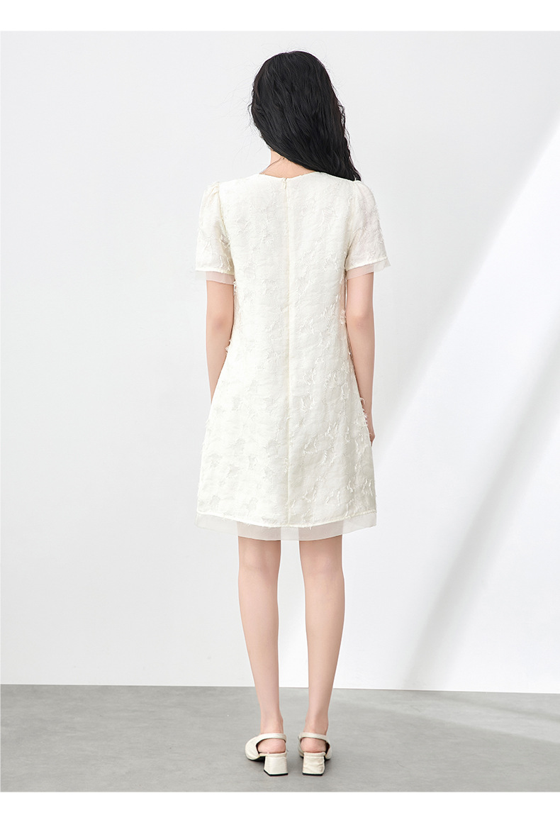 Váy liền nữ cổ tròn phối voan, họa tiết jacquard nổi, phong cách quý cô — Màu vàng chi tiết 12