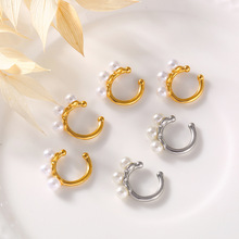 优雅简约赫本风气质个性设计感饰品几何镶嵌贝珠钛钢镀金U型耳夹