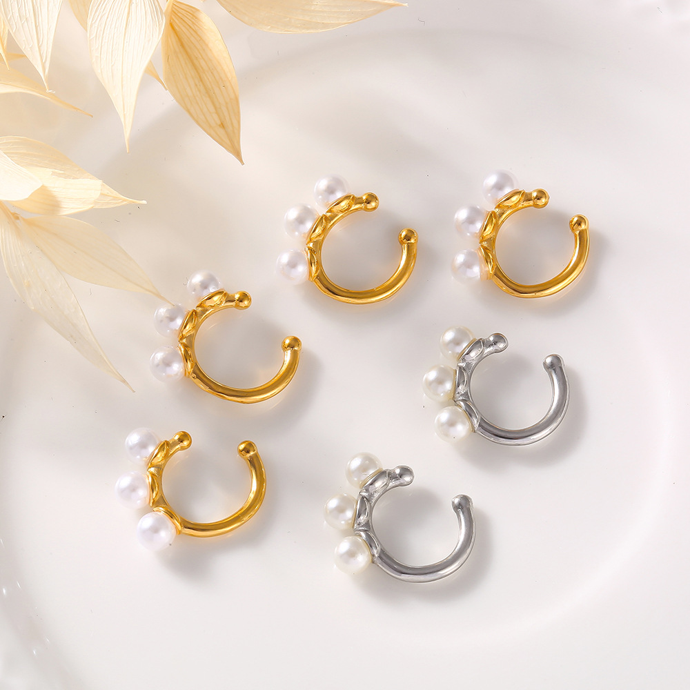 优雅简约赫本风气质个性设计感饰品几何镶嵌贝珠钛钢镀金U型耳夹