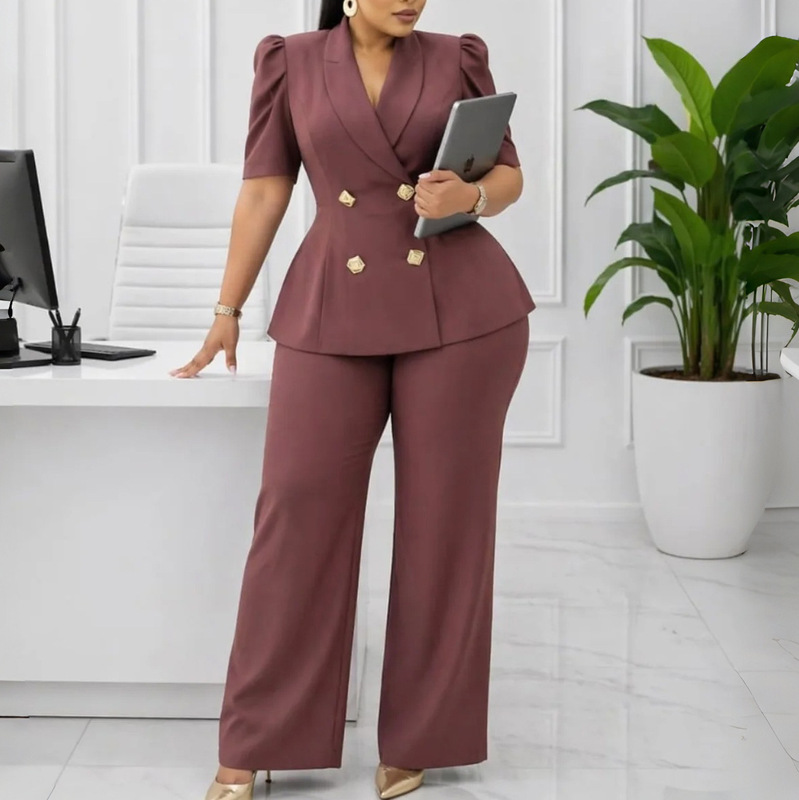 D634 Foreign Trade European and American Cross-Border 2026 New Style Short-Sleeve Turn-Down Collar Double-Breasted Top High-Waisted Wide-Leg Pants Foreign Trade Set