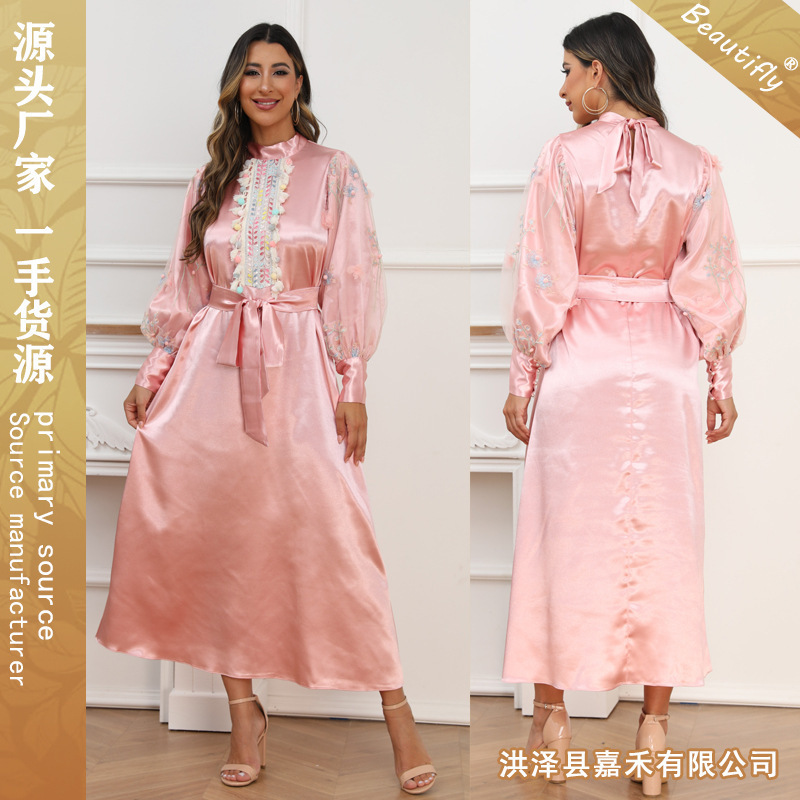 Cross-Border New Model Factory Direct Sale Embroidered Satin Turkish Women's Fashion Dress with Tassels