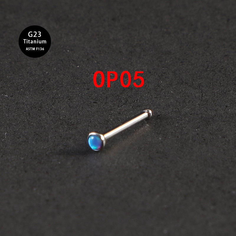 F136 Pure Titanium Alloy Hook Opal Side Nose Body Piercing Jewelry Ear Stud 20G 0.8mm Thin Rod_voghion.com