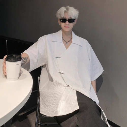 Modern Chinese-style national wind short-sleeve shirt for men, summer thin version, cool handsome texture pattern, shoulder pad, loose turnover collar, half-sleeve shirt