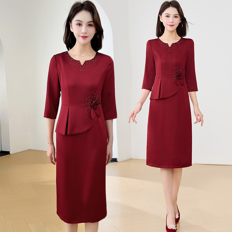 结婚礼服妈妈气质长袖连衣裙假两件遮肚喜婆婆高贵优雅婚宴礼服女|undefined