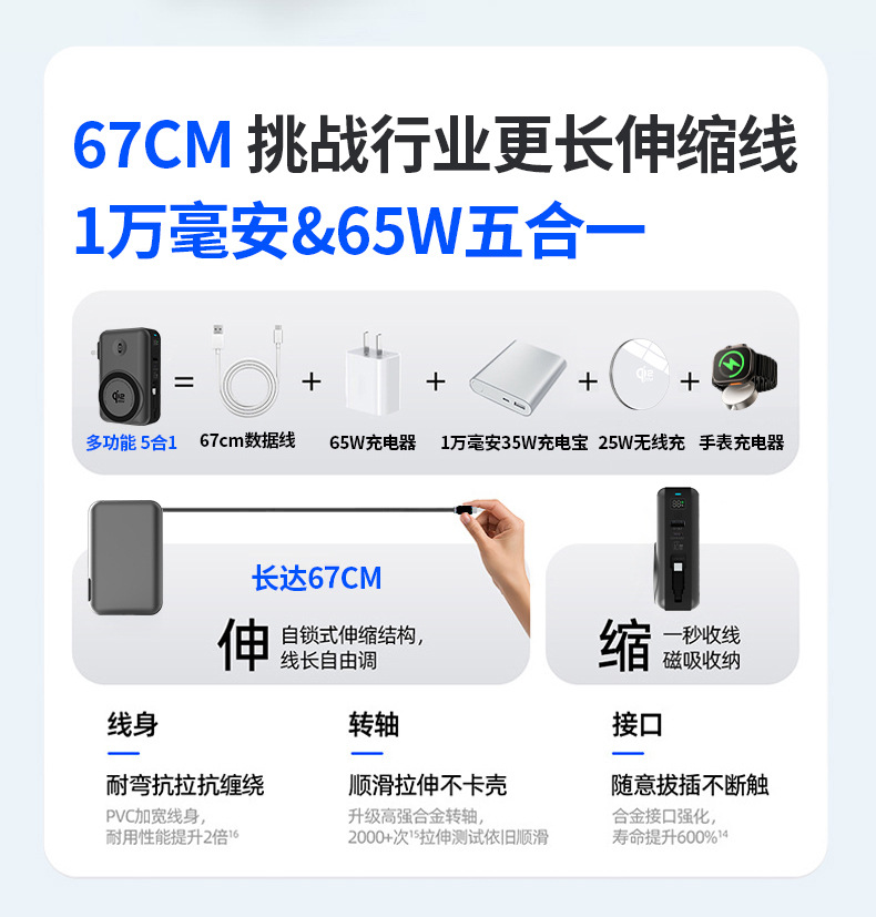 qi2.2 Semi-Solid 65W Fast Charging Magnetic Wireless Power Bank with Built-in Retractable Cable Notebook Mobile Power Supply