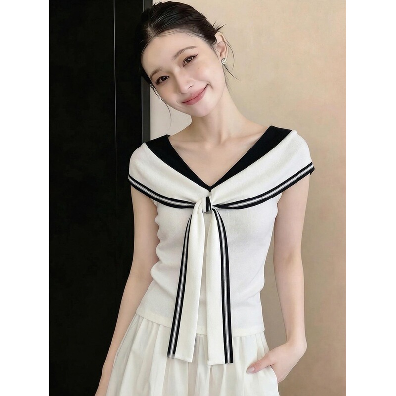 In Stock: Navy Collar Sleeveless Accordion Knit Top for Women, Summer High-End Lazy Style Slim Fit French White Blouse