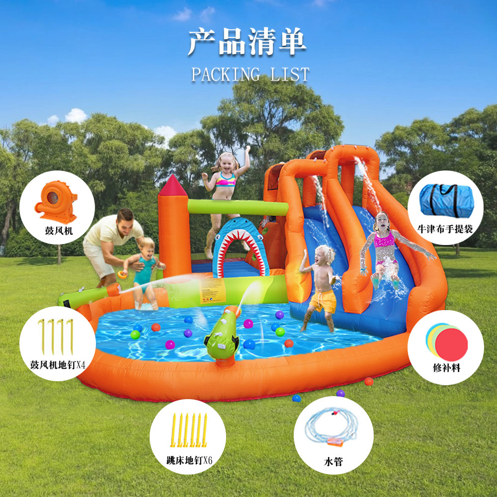 Interior y exterior inflables infantiles castillo trampolín casero piscina saltar tiburón doble tobogan rociador fuerte traviesos