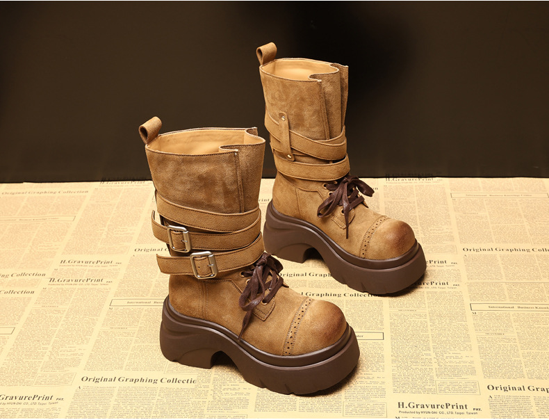 Giày boot nữ đế dày nâng chiều cao phong cách retro, khóa thắt lưng — đen chi tiết 5