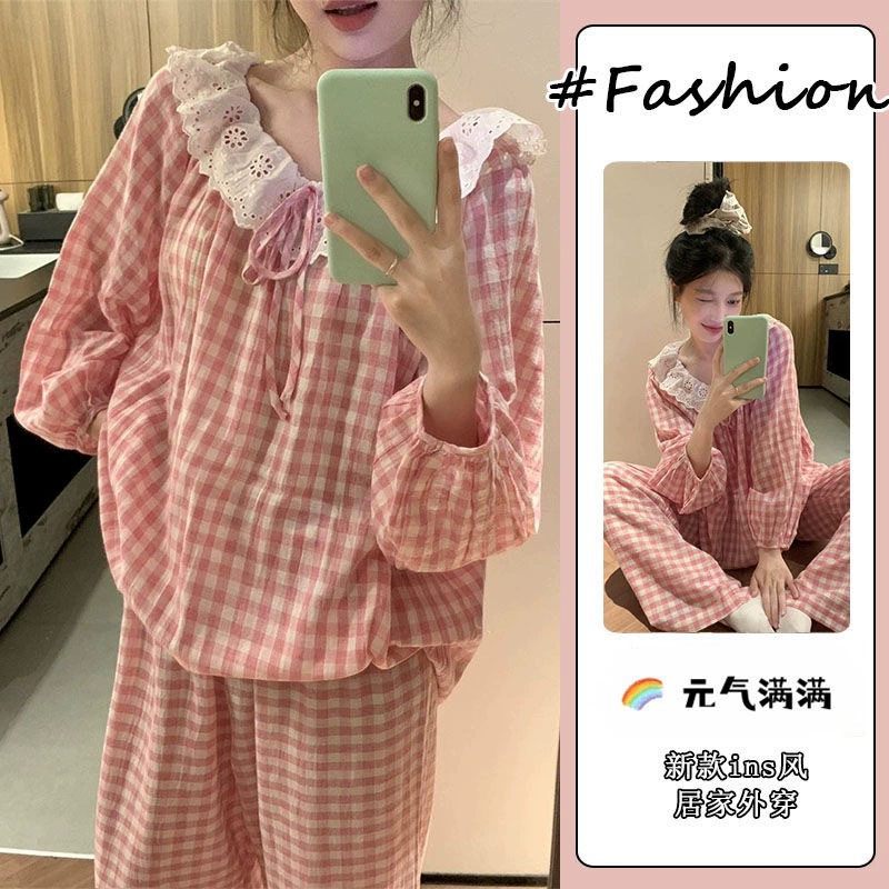 Прямая трансляция Red Cloud хлопок сладкий большой отворот кружевной пижамы женский весенний и осенний домашний костюм женский костюм