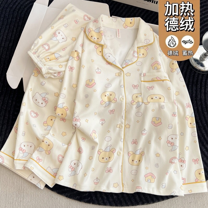 Factory wholesale [ ] 49 batches of heated fleece, collared, long-sleeved, cartoon-patterned cardigan pajamas for women, suitable for home wear and export
