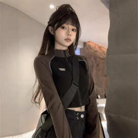 复古撞色长袖拉链卫衣外套女秋季新款短款显瘦设计感辣妹高腰上衣