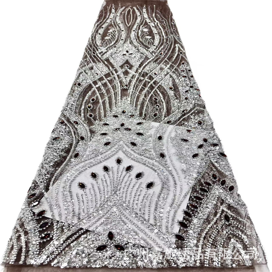 Tela de malla de alta gama adornada con pedrería, lentejuelas y bordados con cuentas para vestidos de mujer, vestidos de novia y materiales de encaje. image 10