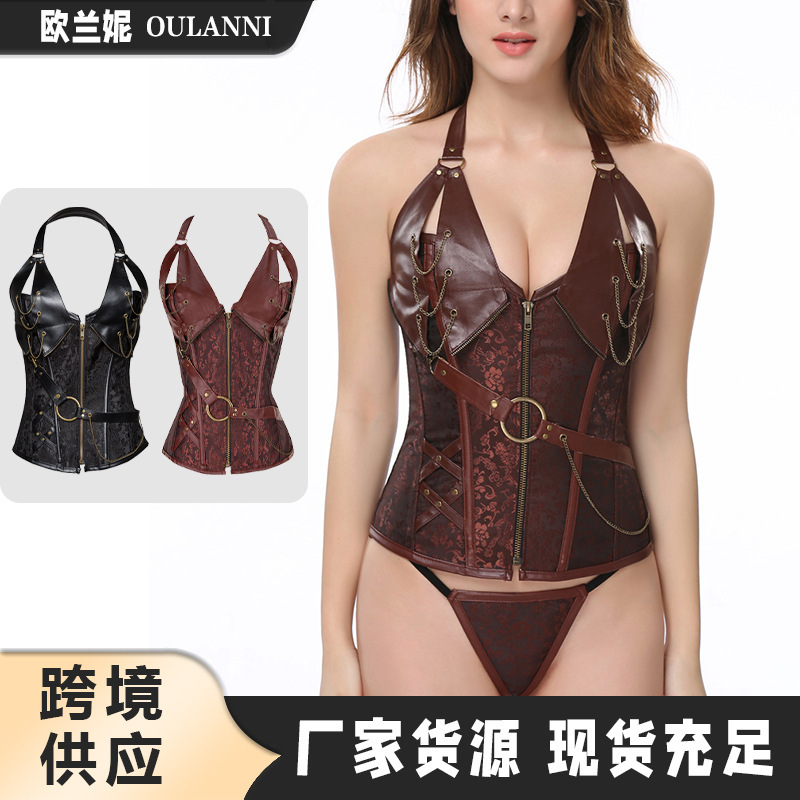 Gothic European and American Court Corset Hanging Neck Shoulder Strap Imitation Leather Shaper Foreign Trade Supply Steel Bone Large Size