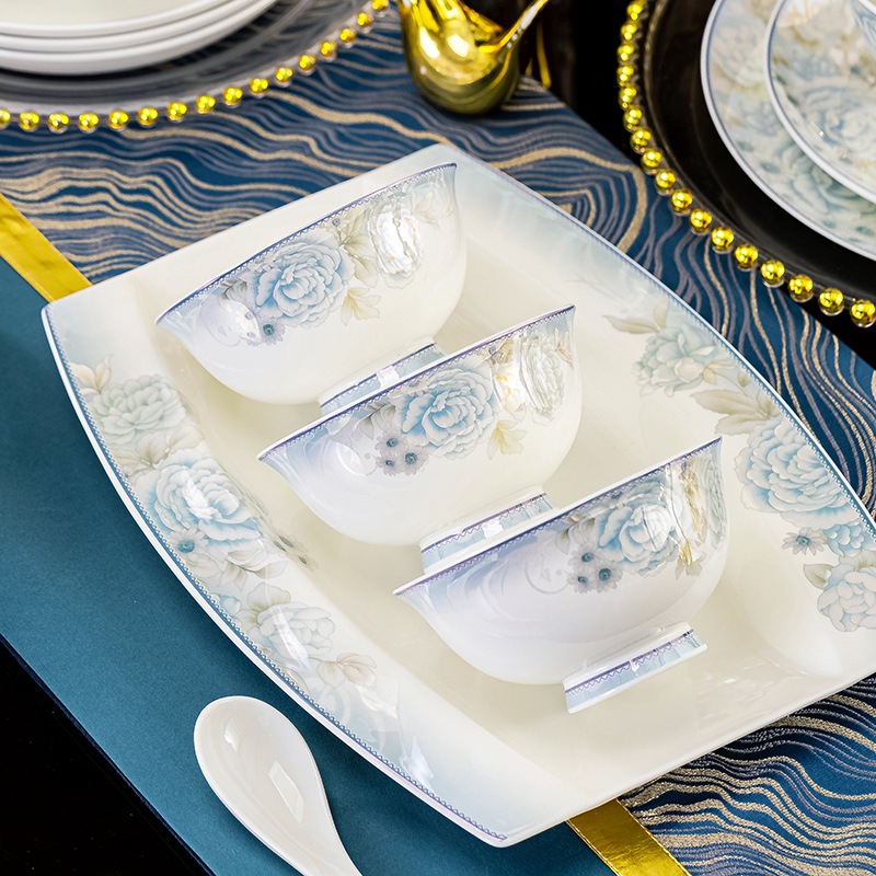 2024陶瓷餐具青花碗碟套装家用批发景德镇高颜值碗盘公司礼品定制