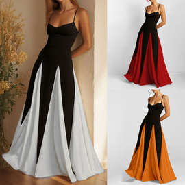 2026春季新款 跨境欧美外贸女装 优雅休闲低领撞色拼接吊带连衣裙