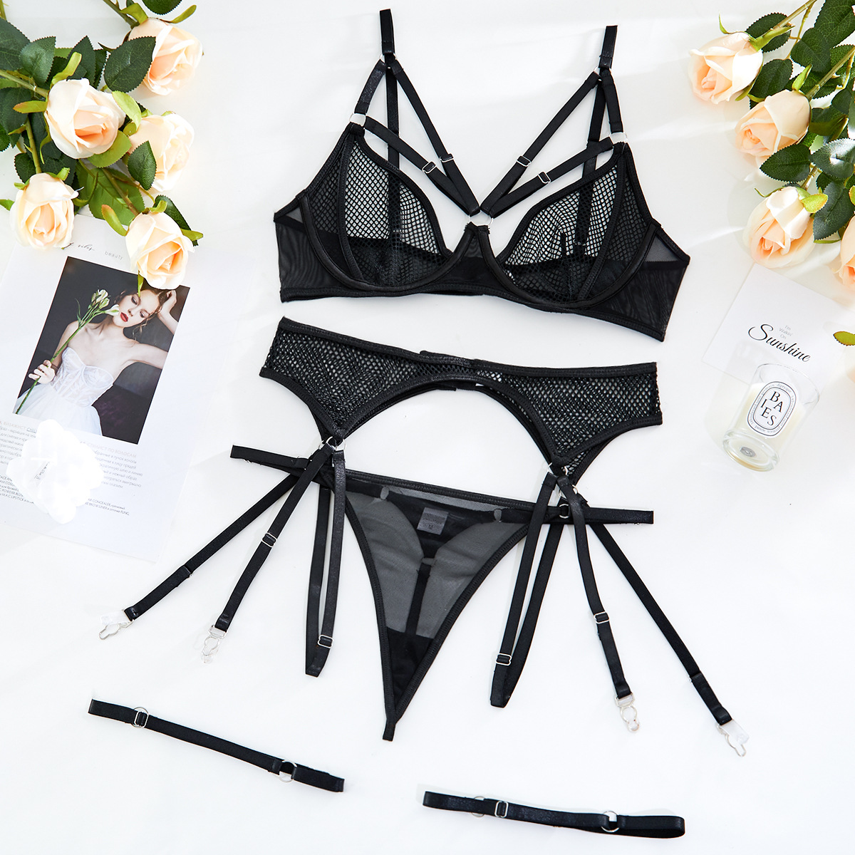 sexy black perspective mesh lace steel ring underwear three-piece set NSHLN122137