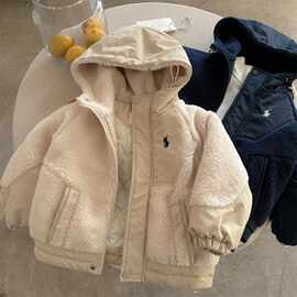 儿童夹棉外套2025冬款男女童羊羔毛拼接连帽棉服男宝宝潮牌毛毛衣
