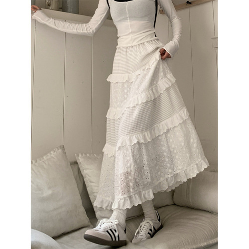 White skirt for women's summer high-waisted skirt cake skirt gentle style long skirt design niche hook flower skirt