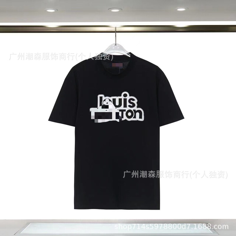 现货跨境奢潮驴家高品质L满印字母短袖外贸经典款圆领男女宽松T恤|undefined