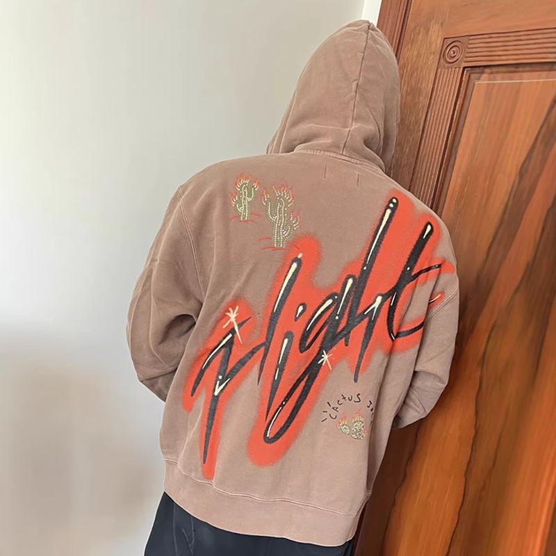 Cross-Border Trendy Brand Travis Scott Co-Branded Pattern Printed Hooded Drawstring Pullover Fleece-Lined Sweatshirt