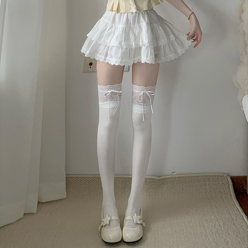 Japón blanco encaje calcetines de pantorrilla Lolita cinturón de cinta rodilla calcetines anti-deslizante
