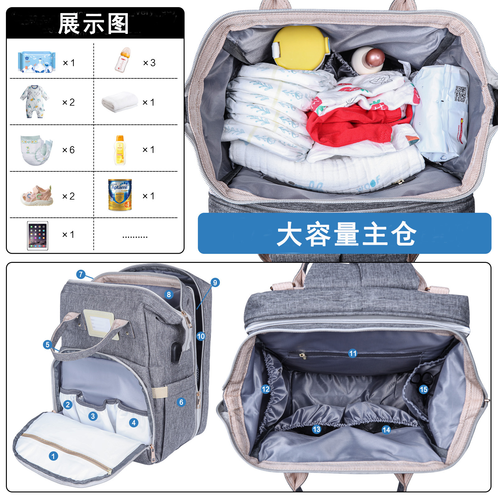 Bolsa de mamá de gran capacidad bolsa de mamá para salir bolsa de cama plegable para bebés bolsa de hombro multifuncional portátil para madre y bebé