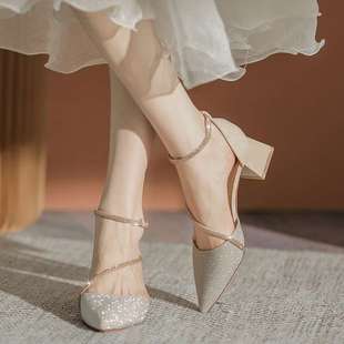 Thick-Heeled High-Heeled Shoes for Women 2025 New Spring & Fall Versatile Pointed Toe Buckle Strap Rhinestone with Skirt Medium-Heeled Shoes