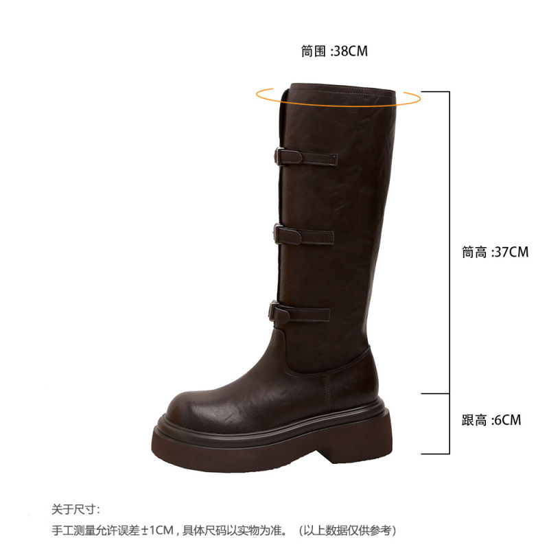 苏茵茵同款2025年时尚皮带扣骑士靴女圆头厚底百搭长靴中筒马丁靴|undefined