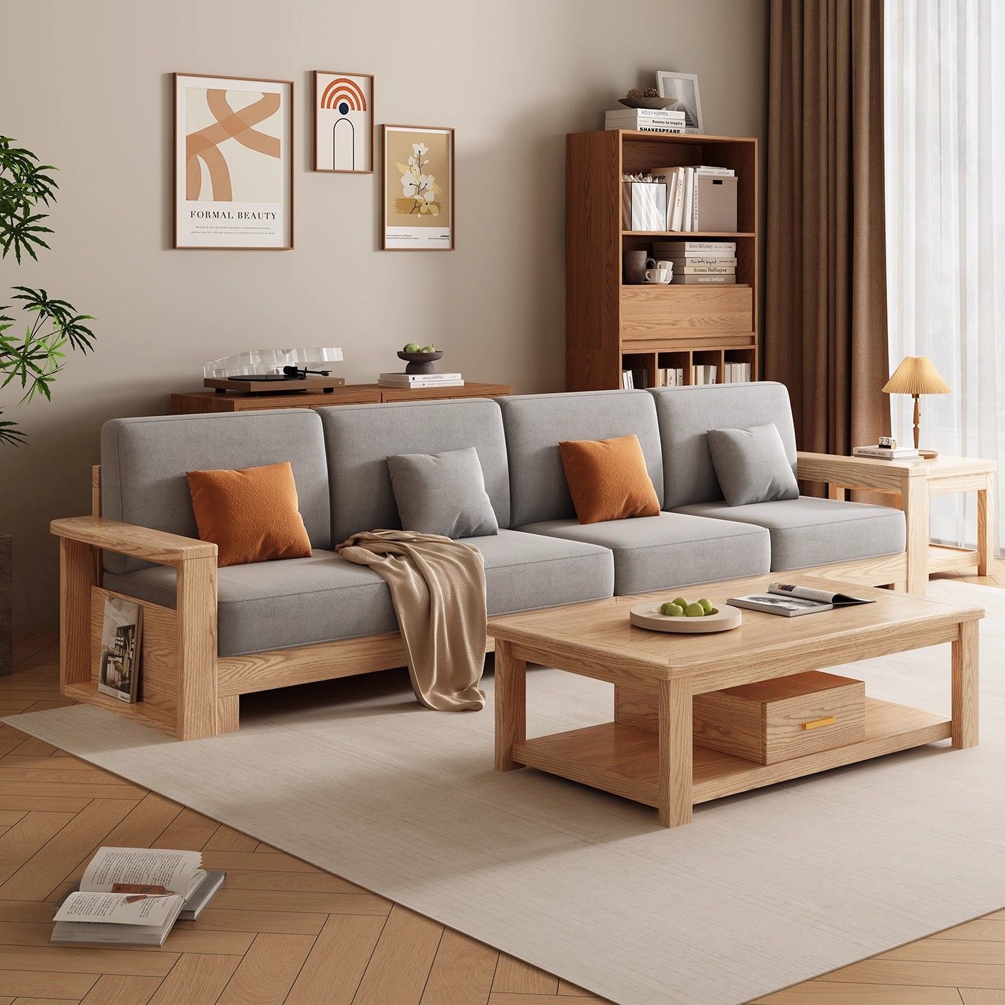 New Chinese Style Ash Cream Style Solid Wood Sofa Combination Modern Simple Living Room Large and Small Wooden Sofa