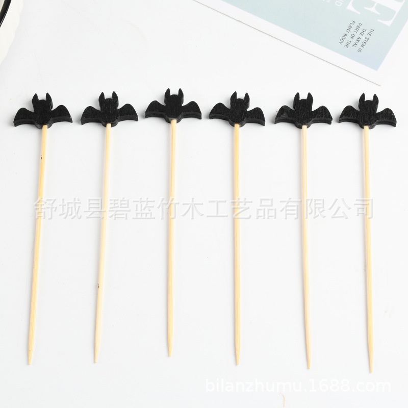 Disponible horquilla de fruta de Halloween dibujos animados palillos de dientes adorables animales palillos de bambú murciélagos bocadillos proveedores de palillos de fruta
