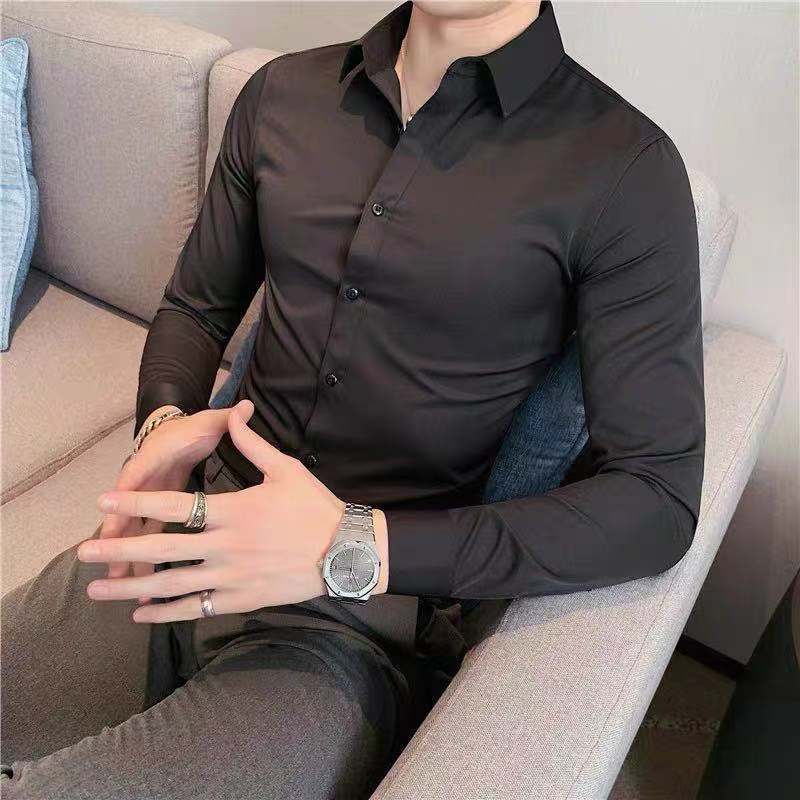 Stretch Long-sleeved Shirt Slim-fit Thin Black Shirt Business Casual Professional Dress Work Clothes Work Shirt for Men
