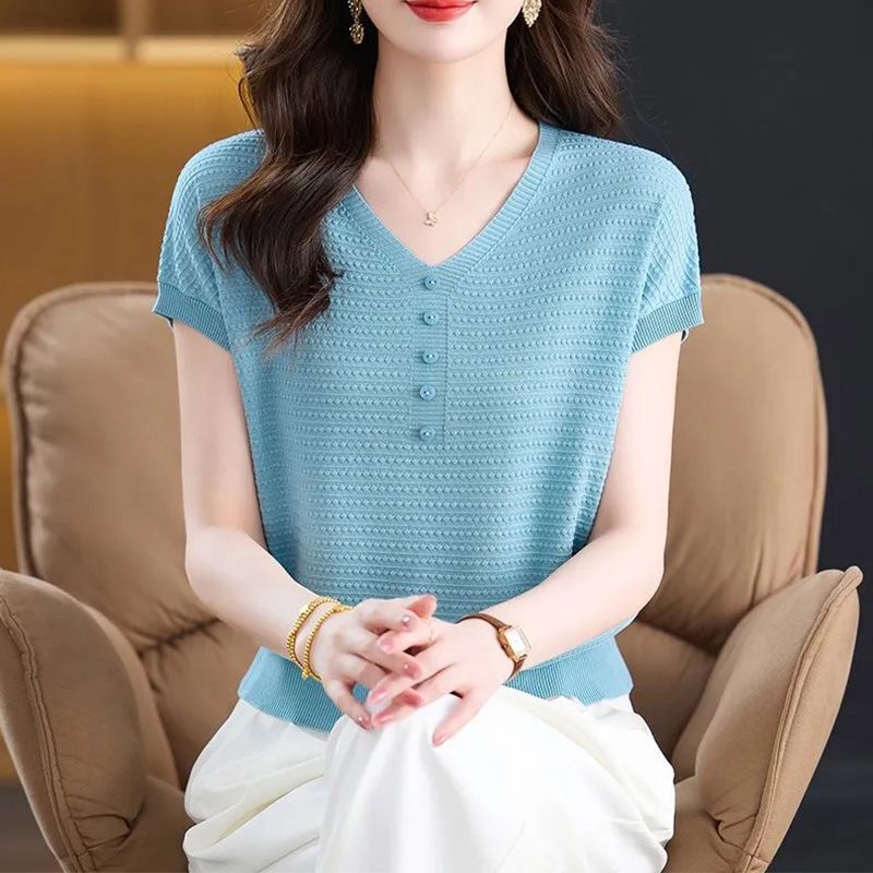 Unique and Beautiful Summer Wear, Thin Style, Elegant Short-Sleeved T-Shirt, Stylish New Style, Fashionable, Age-Reducing, Good-Looking, Versatile Knitted Sweater for Women