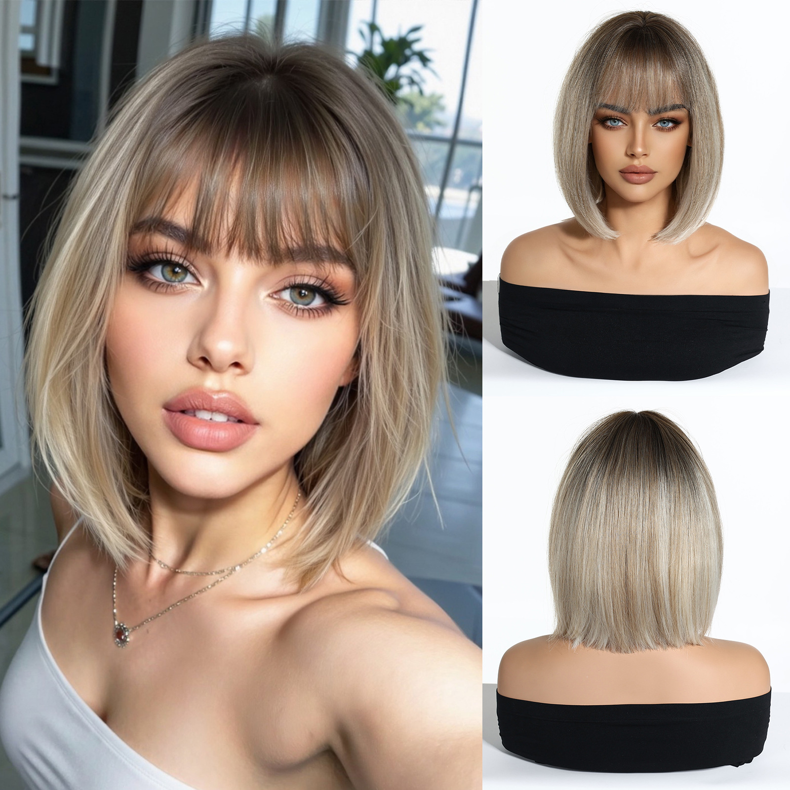Peluca Bob Corta y Lisa para Mujer de Fibra Sintética, Con Flequillo, Refrescante, para Verano image 12