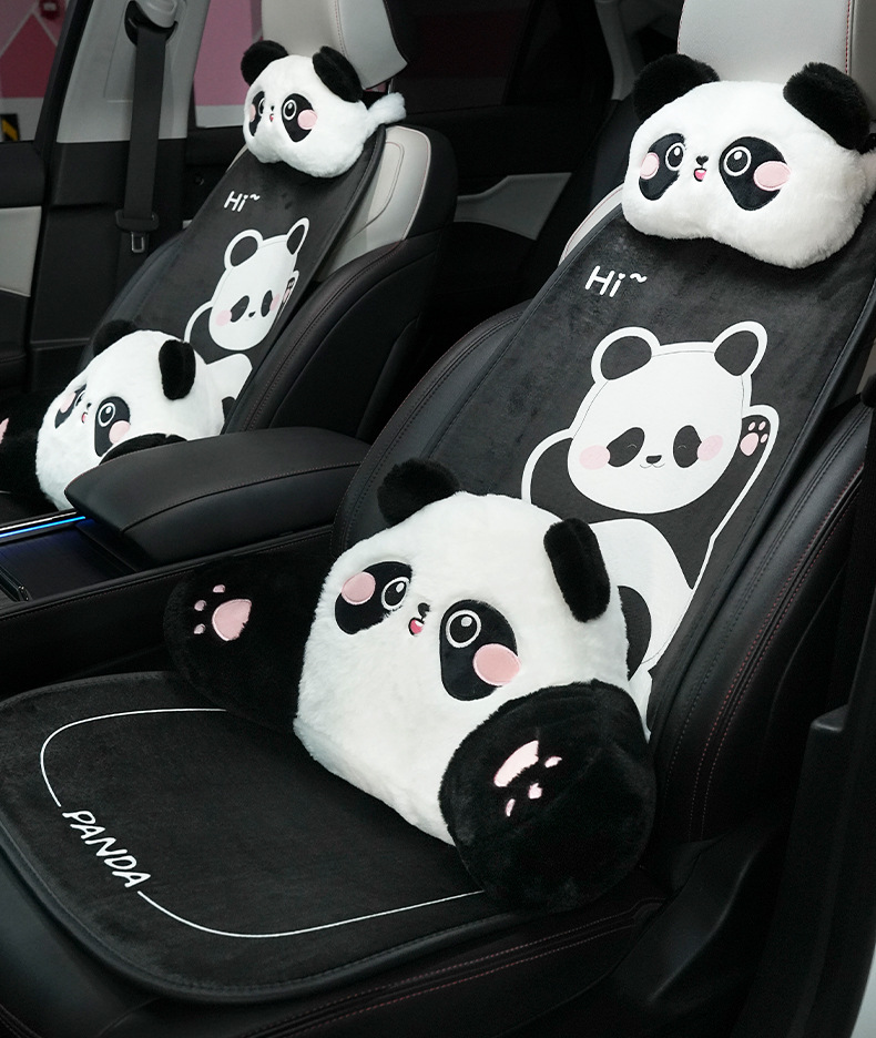 Panda car headrest imitation rabbit fur embroidered cartoon car comfortable neck pillow back cushion winter car waist cushion