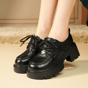 Thick-soled Thick Heel Height-increasing British-style Small Leather Shoes 2025 Spring New Round Toe All-match Retro Lace-up Loafers