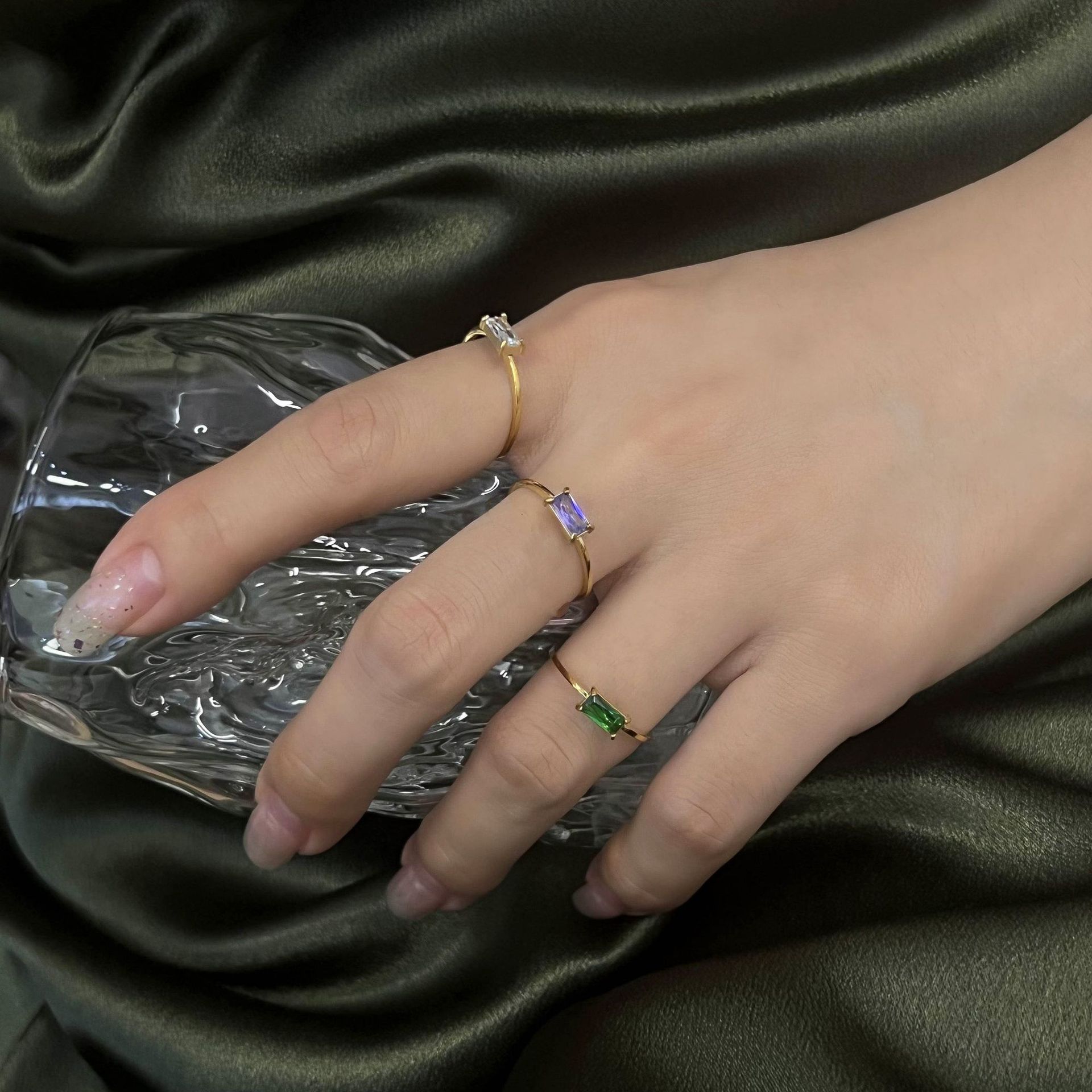 Simple Style Square Titanium Steel Gold Plated Rhinestones Rings