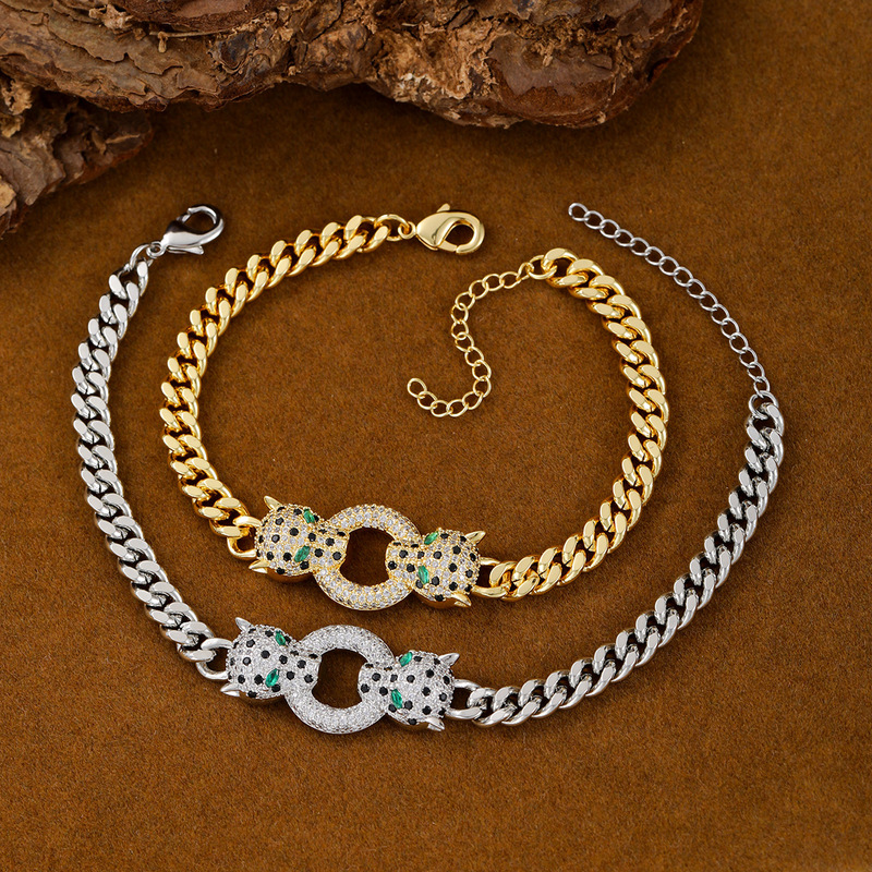 Cross-Border High-End Hip-Hop Cuban Chain Bracelet Personalized Copper Gold-Plated Micro-Encrusted Zircon Double-Headed Leopard Bracelet Bracelet