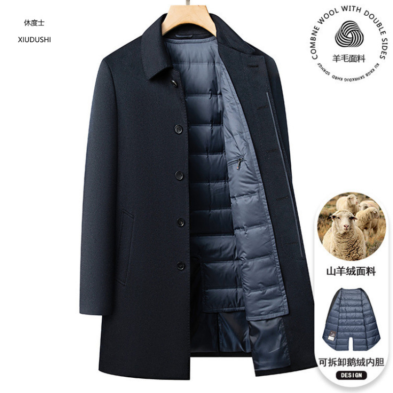 Men's cashmere overcoat for autumn and winter, wide-cut lapel, goose down lining, warm business style, thickened, mid-length jacket.