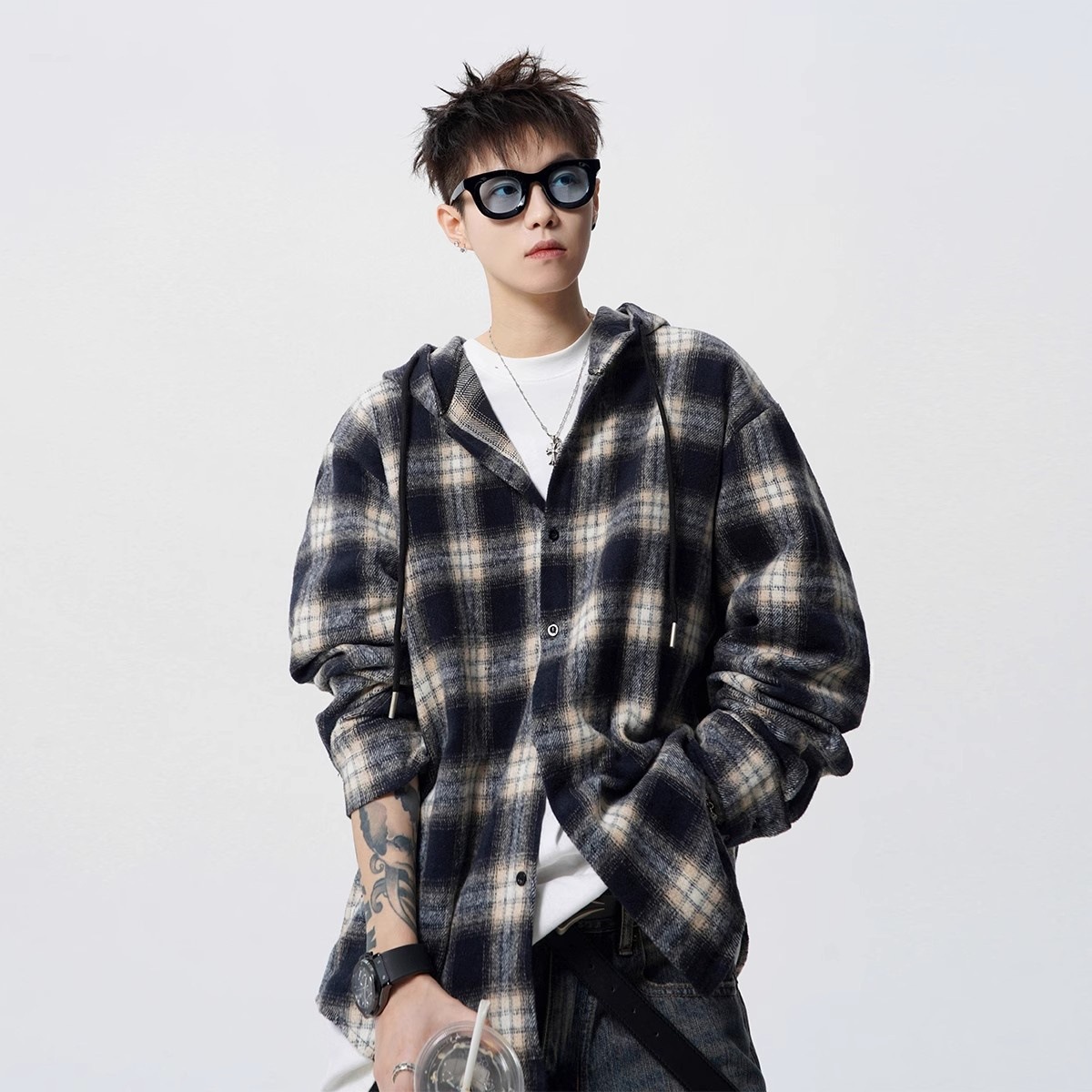 秋季男女同款美式潮牌连帽格子衬衫复古撞色情侣衬衣宽松连帽外套